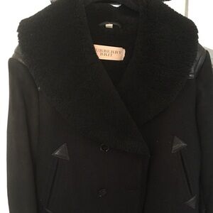 Burberry Brit Black Pea Coat with Shearling Trim